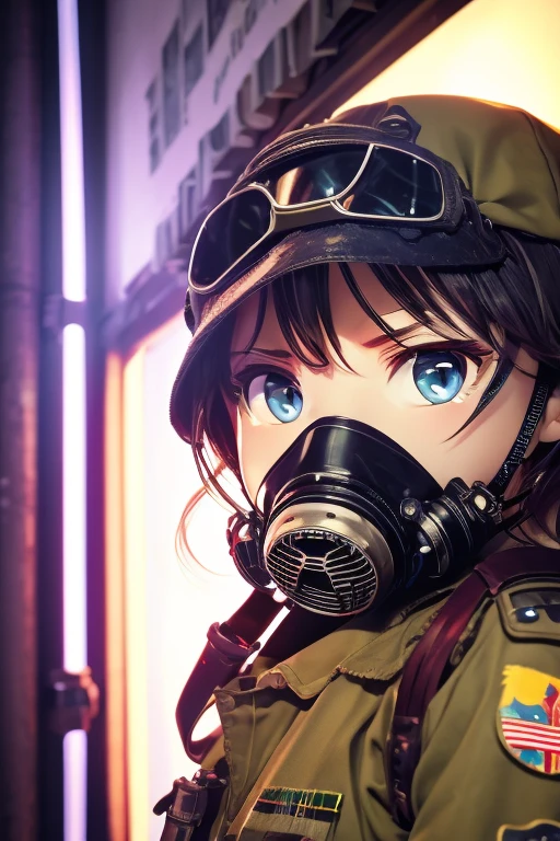 masterpiece, The best quality, extremely detailed CGI animated, (animated), (manga), perfect eyes, Both eyes are the same, global illumination, soft light, Sleep light,
(Wearing a WWII-era gas mask:1.2)
(Urban graffiti artist)