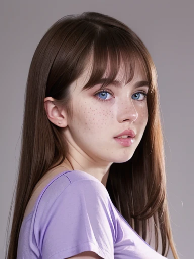 ( girl), Russian, (brown hair), blue eyes, transparent white skin, freckles on the cheeks, (full lips), round nose, thin face. realistic, long legs, (He is wearing a purple t-shirt), photo sexy, back photo, (very large breasts: 1.5)