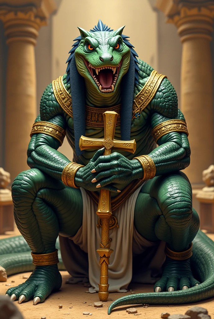 1 male, ((Egyptian mythology)), Guviz-style artwork, made with anime painter studio, anime realismスタイル, Realistic anime art style, painted in anime painter studio, Inspired by god Sobek, In an anime style, handsome, Inspired by god Sobek, anime realism, glowing yellow eyes, showing big sharp teeth, a choker, gold Egypt outfit, (((god Sobek Egyptian mythology))), Inspired by god Sobek, Nile river and Egypt pyramids on background, sexy pose, full body, ((round buttocks)), ass presenting, big ass, (((smooth green skin))), glossy green skin, god Sobek face, big glossy and smooth testicles, ((puffy donut-shape glossy anus)), ass like perfect round orbs, small fat penis, crocodile face, crocodile skin, crocodile long tail, crocodile muzzle, short scaly growths on spine, (((short scaly growths on head))), long slim legs, (((wet skin)))