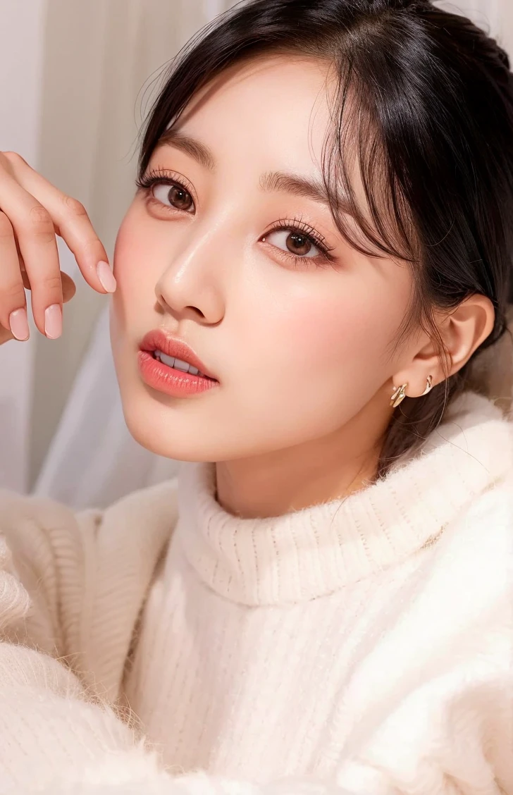 twjihyo, jihyoo, ((masterpiece, best quality)), intricate details, high quality, (photorealistic), (rich:1.4), ultra realistic 8k cg, picture-perfect face, flawless, clean, masterpiece, professional artwork, famous artwork, cinematic lighting, cinematic bloom, perfect face, beautiful face, beautiful eyes, 1girl, korean woman, jihyo from twice, short dark hair, jihyo, kpop idol, smiling