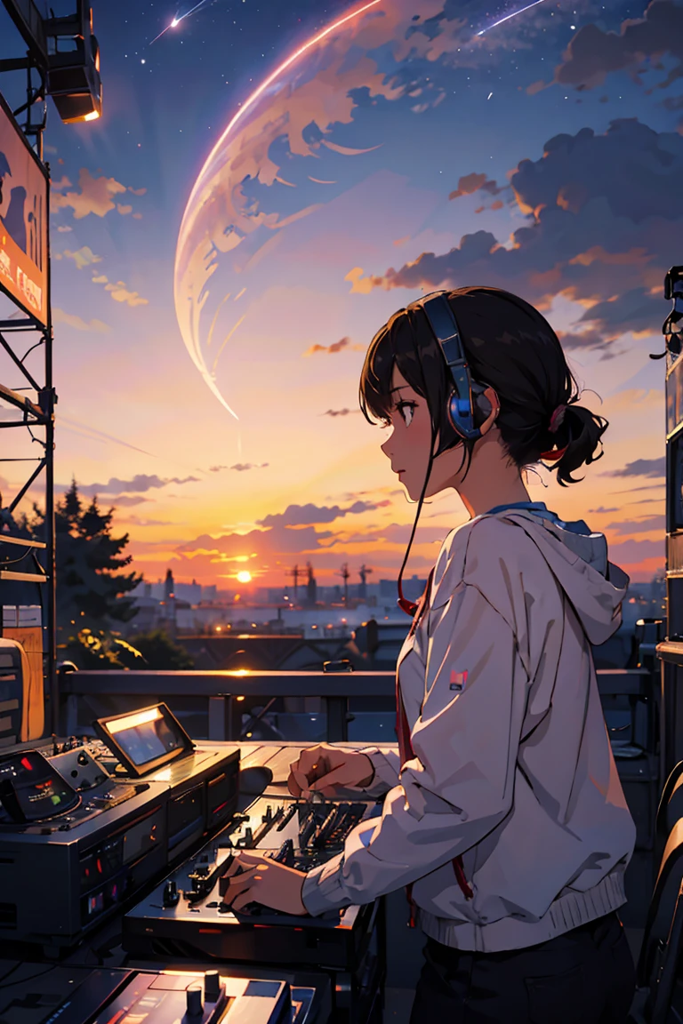 Best Quality, beautiful, Night Moon, A comet flies by, Music Festival、Popular DJs（Girl wearing headphones), cloud, sunset, Sunset, Attachment Platform, shinkai makoto、