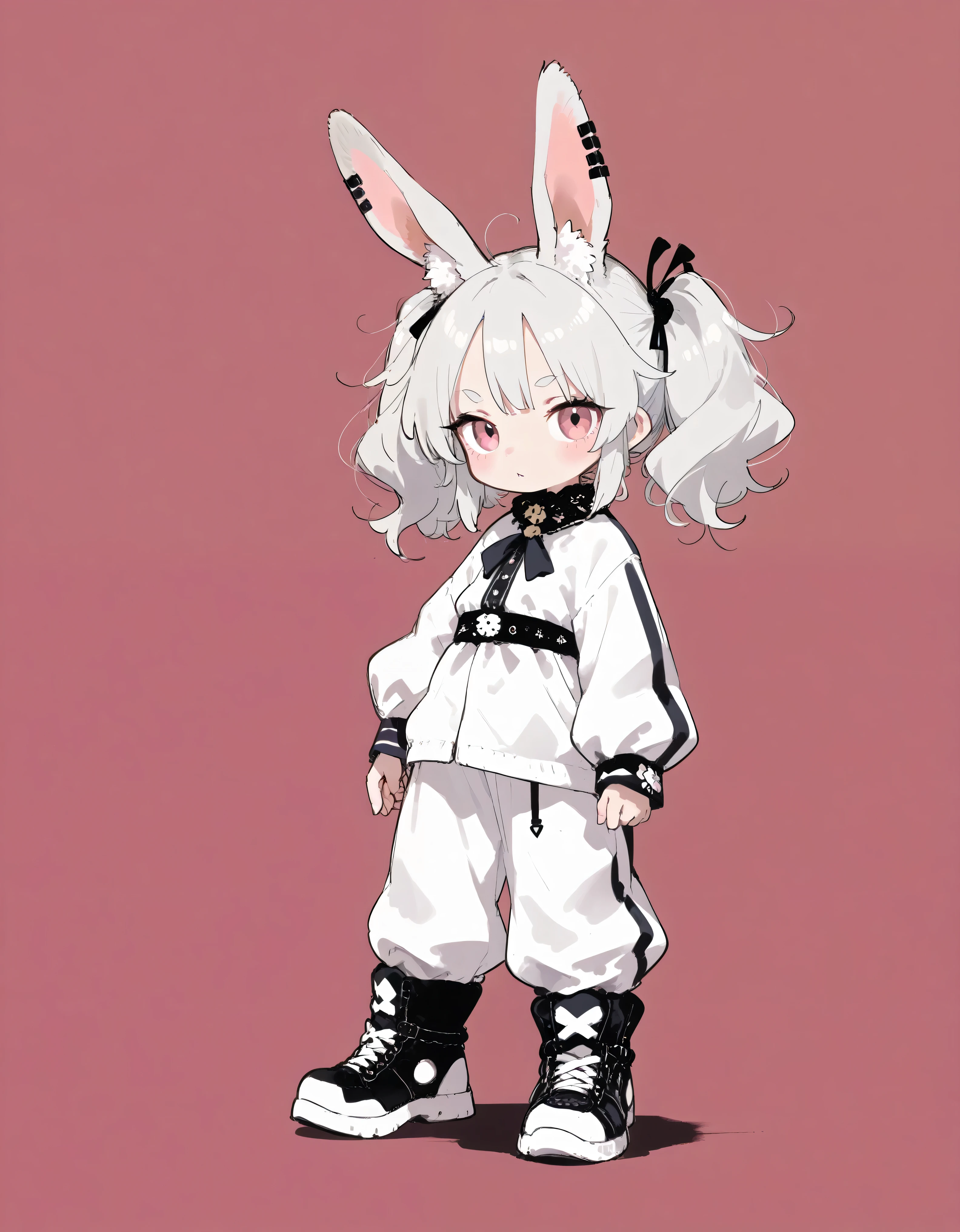 solo,1girl\(fluffy white clothes, rabbit ear, long white hair, chibi,full body\), BREAK ,quality\(8k,wallpaper of extremely detailed CG unit, ​masterpiece,hight resolution,top-quality,top-quality real texture skin,hyper realisitic,increase the resolution,RAW photos,best qualtiy,highly detailed,the wallpaper,cinematic lighting,ray trace,golden ratio,\),d4rkpurp