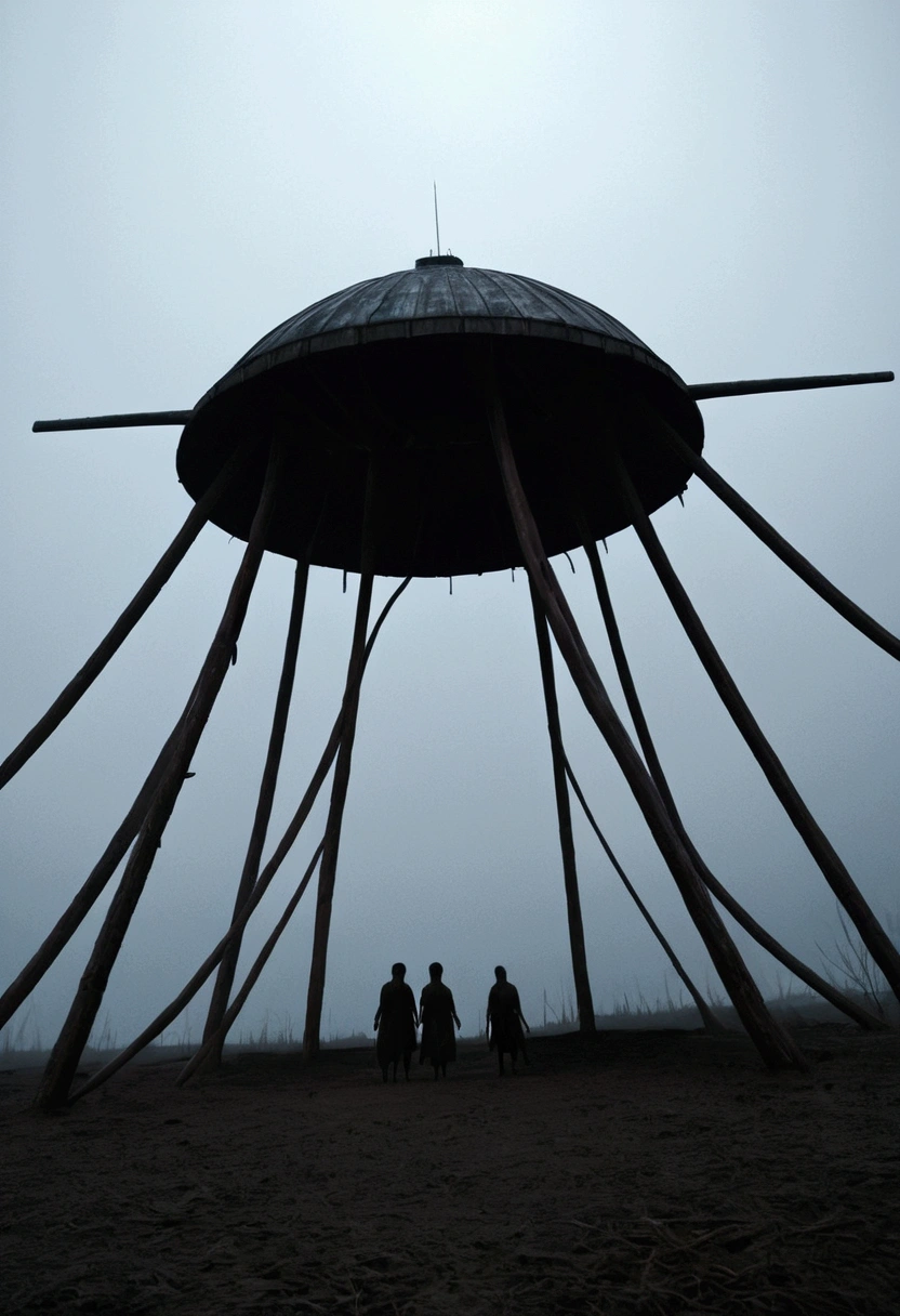 The photo shows a dark, post-apocalyptic landscape. Gray, cool colors dominate. In the distance rises a mysterious, monumental building made of huge, raw blocks. The building has the shape of several interconnected cylinders, and in each of them there is a huge, round hole. The whole thing gives the impression of being abandoned and full of mystery.

In the foreground, on the seashore, we see a group of small, dark figures. Their silhouettes are barely visible in the thick fog, which intensifies the feeling of anxiety and mystery. The sea is gray and stormy, and the sky is covered with heavy clouds. The whole thing creates an atmosphere of horror and uncertainty.