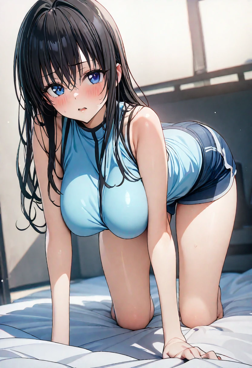 ((masterpiece,Best Quality,8k,Ultra-high resolution)),  1 person　、Adult women in their 20s　,  Momo Juvenile Deviluke,                                     View your viewers　、　blush        、Squint your eyes　、   Black Hair　,   Long Hair　　、Wave Roll　、　Blue eyes   　     　、                           The body is slim,   Big Breasts　　、　Sleeveless shirt　、　Shorts　、　On all fours