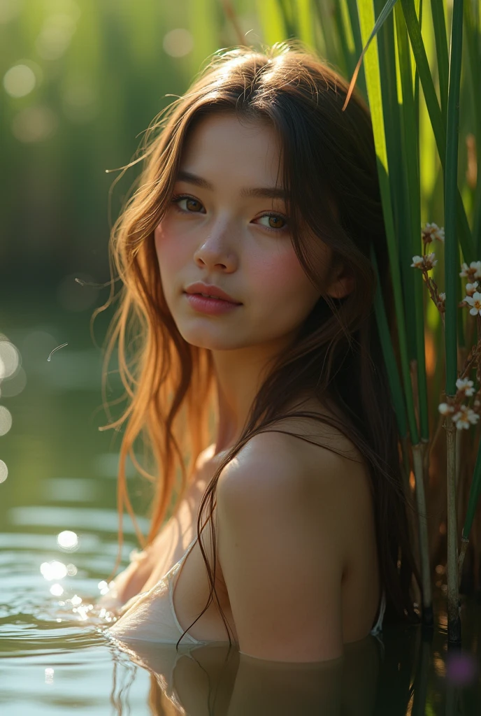 close up portrait of a cute woman (gldot) bathing in a river, reeds, (backlighting), realistic, masterpiece, highest quality, lens flare, shade, bloom, [[chromatic aberration]], by Jeremy Lipking, by Antonio 