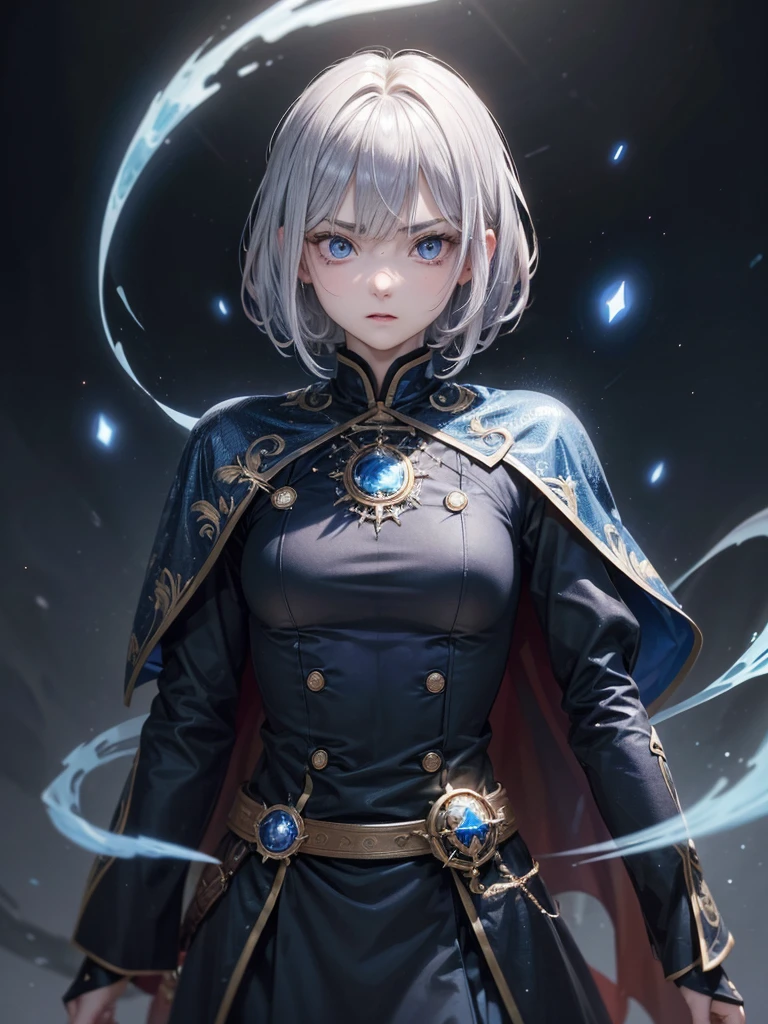 (Highest quality,Very detailed,High resolution:1.2),One adult male,Silver Hair,The most beautiful young man in human history,(1 photo from the front),Dark blue eyes (Dark blue eyes:1.1),さみし気なaura(aura:1.1),(mysterious,Ghostly:1.1) atmosphere,Looks like half a demon,(Demonic traits,Demonic traits),(Elaborate,wonderful) ,Strong Body、Shortcuts、Use magic、auraが漂う、Cape、Stocky physique、Confident expression、Very short hair、The bangs are swept to the side、Permed hair、Sharp eyes、Angry expression、Has a glowing blue fireball、Emits a flash of light from the body、Are standing、Soldier