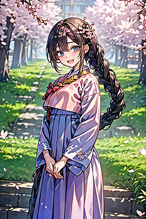 masterpiece, best quality, highres, bbhana, long hair, blacj hair, single braid, hair ornament, whisker markings, ((korean clothes)), ((hanbok)), long sleeves, striped sleeves, pink skirt, cherry blossoms, outdoors, standing, smile, open mouth, peace sign, blue eyes, large breast, sexy, underboob