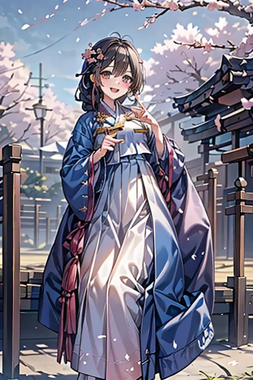 masterpiece, best quality, highres, bbhana, long hair, black hair, single braid, hair ornament, whisker markings, ((korean clothes)), ((hanbok)), long sleeves, striped sleeves, ((sky blue jacket)), pink skirt, cherry blossoms, outdoors, standing, smile, open mouth, peace sign, blue eyes, large breast, sexy,