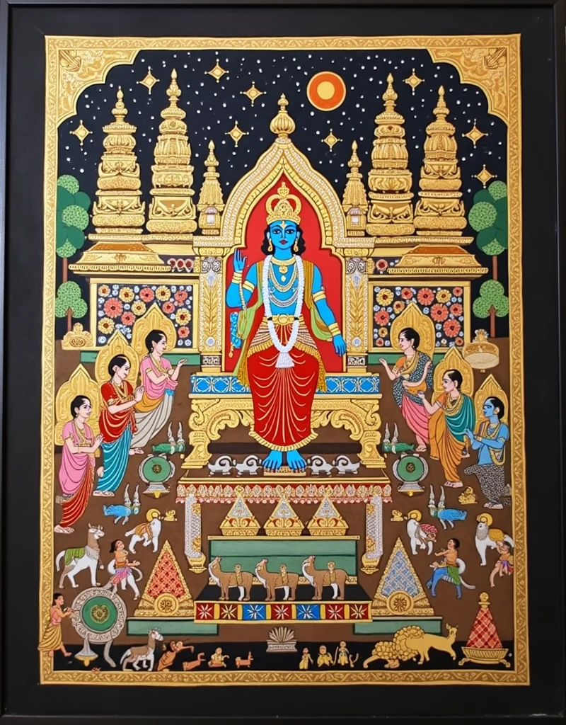 traditional Indian relief sculpture depicting two seated deities. The left deity, with curly hair and a garland around his neck, holds a cup in his right hand while his left hand rests on his knee. The right deity, adorned with elaborate jewelry and a serene expression, makes a gesture with her right hand, index and middle fingers extended, while her left hand rests on her knee. Behind them, a circular halo with intricate patterns emphasizes their divine status. The scene is framed by a rectangular border with a wavy outline.