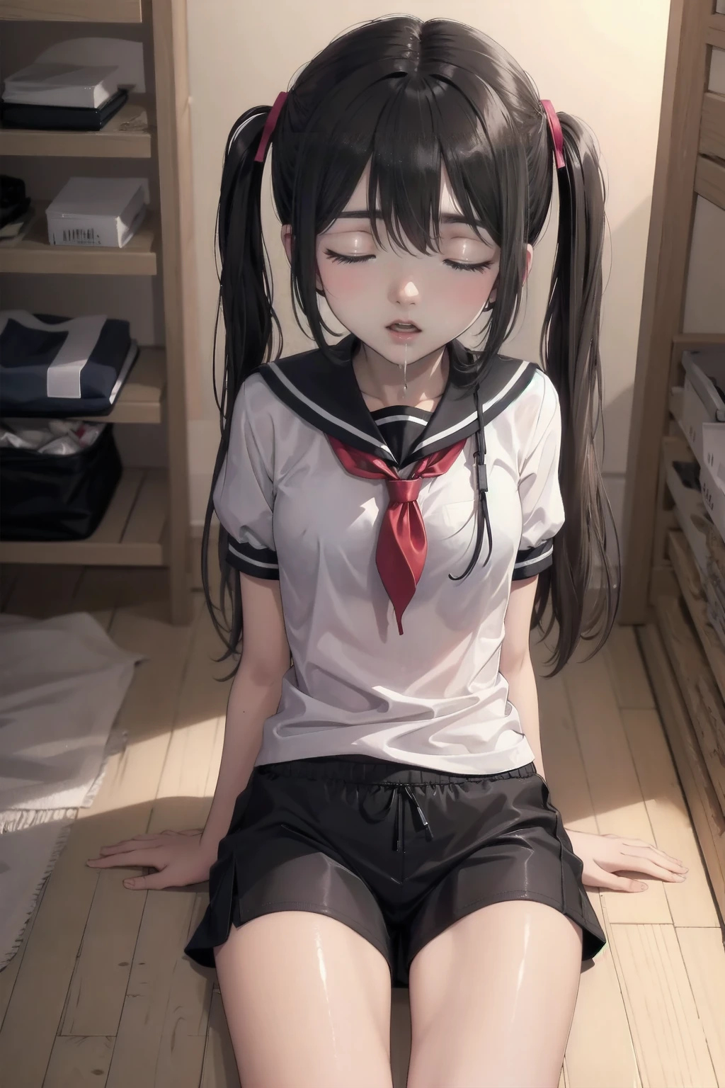 Portraiture, Official Art, finest masterpiece, Best Quality, Highest Resolution, 8k, Most detailed, Perfect Anatomy BREAK shirayukiKC, One girl, Alone, skirt,shirt, Twin tails, School,Sailor suit, Sailor collar,neckerchief, low Twin tails, short Twin tails,, (Small breasts, child_Like a build, low length:1.2) BREAK nsfw, Masturbation, Straddle, Cowgirl Position, Almuada, pillow, on pillow, Rubbing the groin BREAK (Female orgasm:1.3), (Lewd face, Red cheeks, Close your eyes:1.2), Open your mouth BREAK 豪華なマンション, bed, (night, midnight, darkness:1.3), Particles of light, Dust, Very detailed 16K CG wallpaper of a girl，(Close-up of faces)Open your mouth，Excited，Wet (((Sticky milkshake liquid))),Wet(((A large amount of mixed milky liquid is poured on the gym clothes))),Eyes open, The whole body is covered in oilで光沢感がある　Used rolled tissue paper,　 Used crumpled tissue paper, Pieces of used tissue paper on the ground,　Excessive sweating in the face,Dripping sweat,Sleeping on a mat,pillowに頭を乗せている,Dirty duvet　Very old thick mat ,In the gym storeroom,　There are a lot of used tissues on the floor ,　Crumpled used garbage is scattered all over the place..,　A room cluttered with used tissues,A mat cluttered with used tissues　、Embarrassing　Dimly lit room　Hardwood Floors　Used rolled up tissues scattered around、The upper body is school&#39;Designated white gym uniform., Blue Sleeve、The lower half of the body is blue bloomers、Close-fitting shorts、high school student、Illustration Style　Anime Style　Mouth wide open、Mouth is wide、　beautiful girl　Cheeks pink　Super Curly Hair　Super long sideburns　Hairbands　Big Eyes　Droopy eyes　Shocking Pink Rouge　Sweating profusely　Steam coming out of the whole body　Steam rises across the screen.　White Breath　Haa　The whole body is covered in oil　evening　Overall orange background　The setting sun、 (pillowに頭を乗せる), (Cover your chest with a blanket), Head to chest composition, Upper body drawing, high school student,With both hands up and messy, /(Long Black Hair/), (Neat, shiny, long hair), Eyes open, (16:00 AM), (evening) Sunset,
