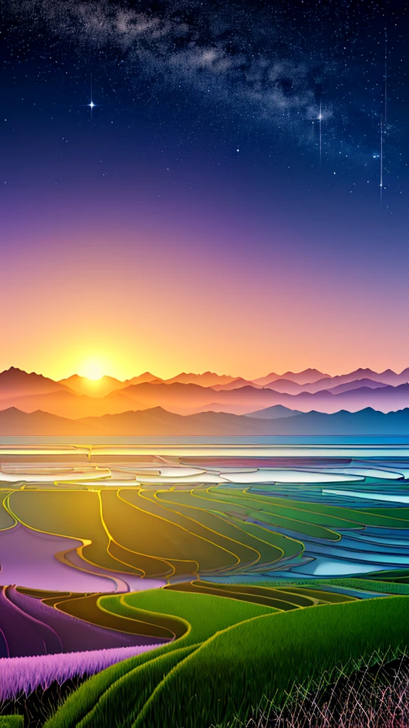 /imagine prompt: Viral anime nature wallpaper in 4K quality, in the style of photography with a 35mm lens, capturing a serene rice field at dusk, the sky a soft gradient of orange and purple, warm and nostalgic color temperature, cosmos lighting with stars twinkling in the sky, the atmosphere is tranquil and dreamy