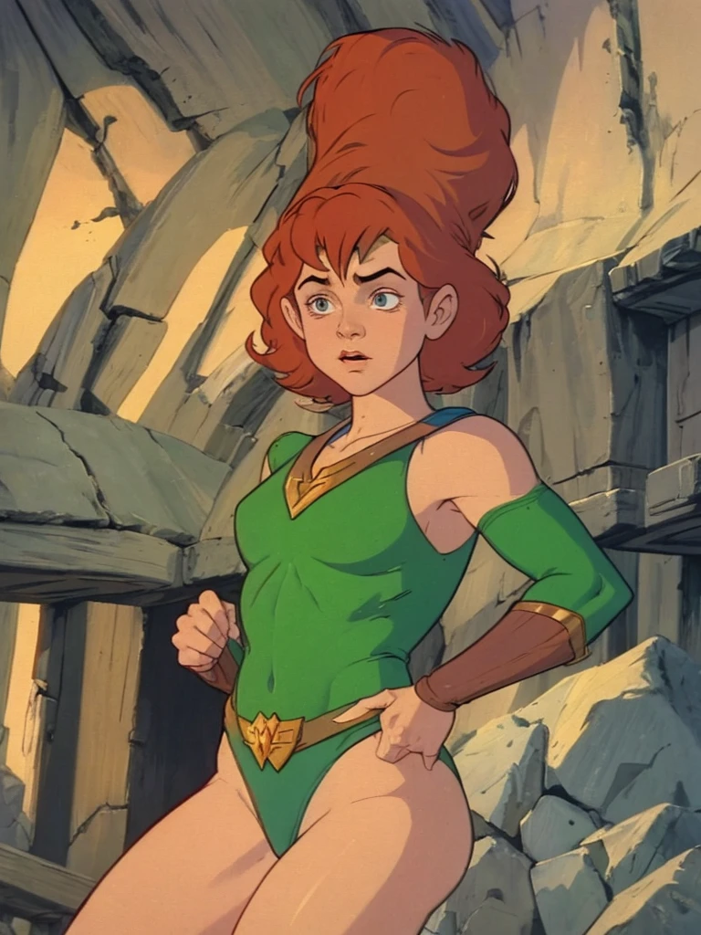 Presto, Dungeons & Dragons 1983 Animated, Wonder Woman Outfit, Green Leotard, Red Hair, Wears A Wizard Hat, Detailed Expressions, Animated Episode Still, 8k, UHD