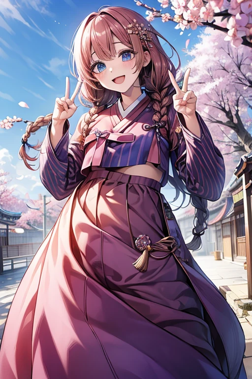 masterpiece, best quality, highres, bbhana, long hair, blacj hair, single braid, hair ornament, whisker markings, ((korean clothes)), ((hanbok)), long sleeves, striped sleeves, pink skirt, cherry blossoms, outdoors, standing, smile, open mouth, peace sign, blue eyes, large breast, sexy, underboob