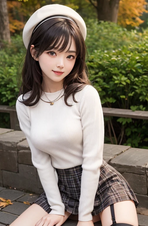 Photos taken by a professional photographer,Laughter:1.5,Close-up of a woman squatting on the sidewalk, Wear a sweater, Brown short hair, Young and pretty girl, Wearing a flared skirt,I can see her little white panties:1.5,Wear stylish boots,sitting on a park bench:1.5,Flashy makeup using red eyeshadow,