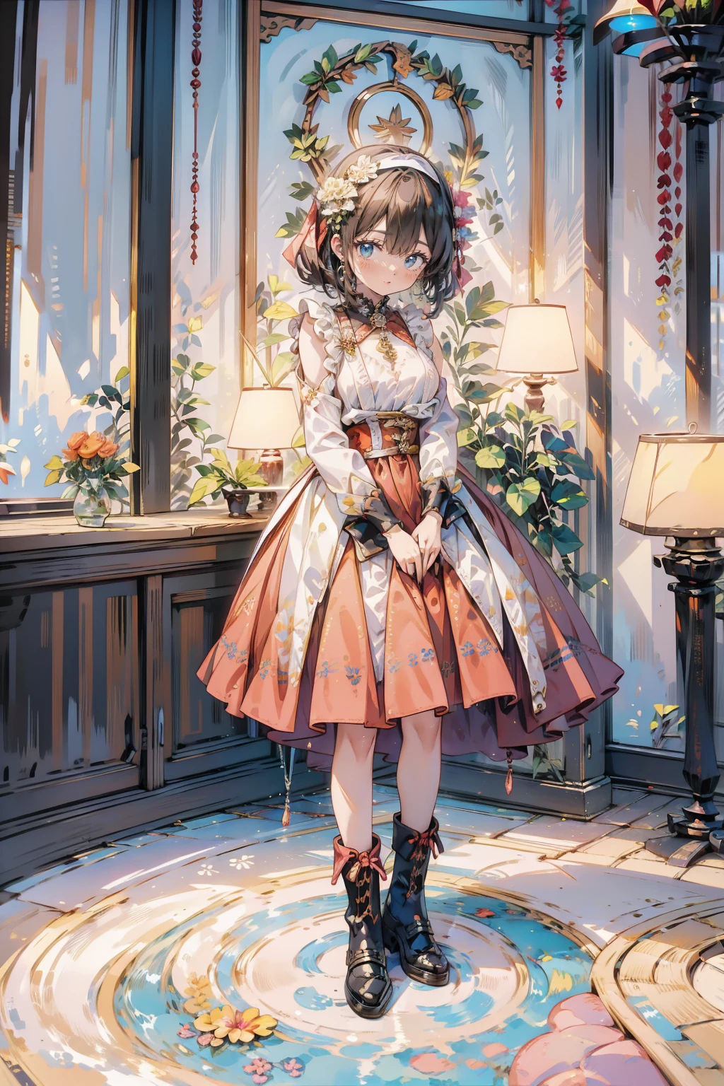 Anime Style、Storytelling、、beautiful girl、とてもcute天使、Pink Gothic Dress、cute、、smile、Long skirt、Black Boots、Very cute headband
