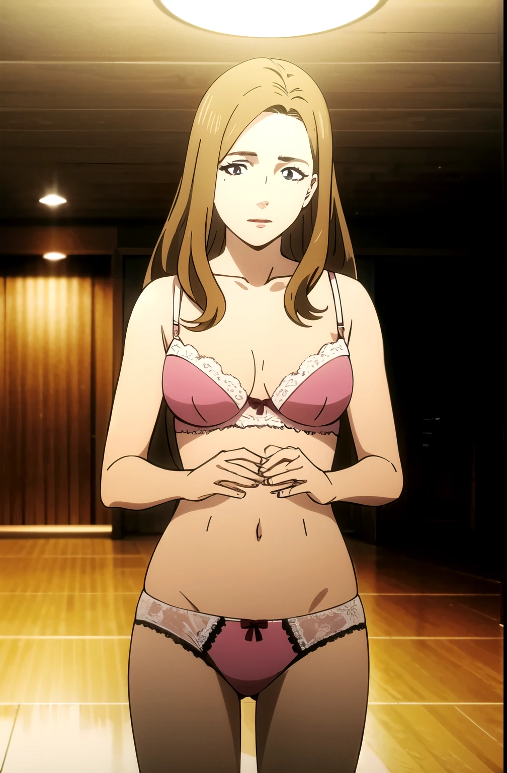 Best Quality, Ultra-high resolution, Alone, One girl, Yoko Sato, pink lace bra, pink lace panties, cowboy shot, indoor