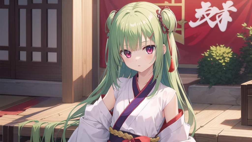 ((masterpiece)),(Best quality),Official Art,Extremely detailed CG,Unity 8k wallpaper,Very detailed,Beautiful and delicate eyes,Extremely detailed face,1 girl,solitary,,(whole body:1.5),(small:1.3),Murasame,Very long hair,Green Hair,Face Up,Purple bow,hairpin,Side chains,Bangs,Red Eyes,Neck strap,Red belt,Chinese elegant style，Long-sleeved white hanfu，Dawn breaks in Jiangnan after the rain，