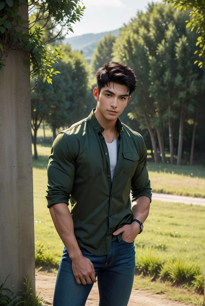 UHD, A strikingly handsome man with a lean, muscular physique stands confidently in an open, sunlit field. His perfectly sculpted chest and defined abs are partially exposed as he wears a casual, military-green jacket loosely unbuttoned, showcasing the contours of his upper body. His skin glows with a healthy tan, and his tousled, dark hair falls effortlessly over his forehead, adding to his relaxed yet magnetic aura. He has a calm yet intense expression, with piercing eyes gazing slightly off-camera, reflecting a sense of quiet confidence. The man's chiseled features are framed against the backdrop of a wide, golden rural landscape, with rolling hills and fields stretching out under the clear blue sky. The earth tones of the field, the large hay bales in the background, and the scattered trees turning color for autumn, create a warm, rustic atmosphere. He stands with one hand casually tucked into the pocket of his jeans, the fabric of which hugs his form, emphasizing his lean legs and strong stance. His body language radiates sensuality and effortless allure, blending seamlessly with the serene yet vibrant natural setting around him. The air is filled with an aura sensual allure as the scene wraps around his powerful, seductive presence. 