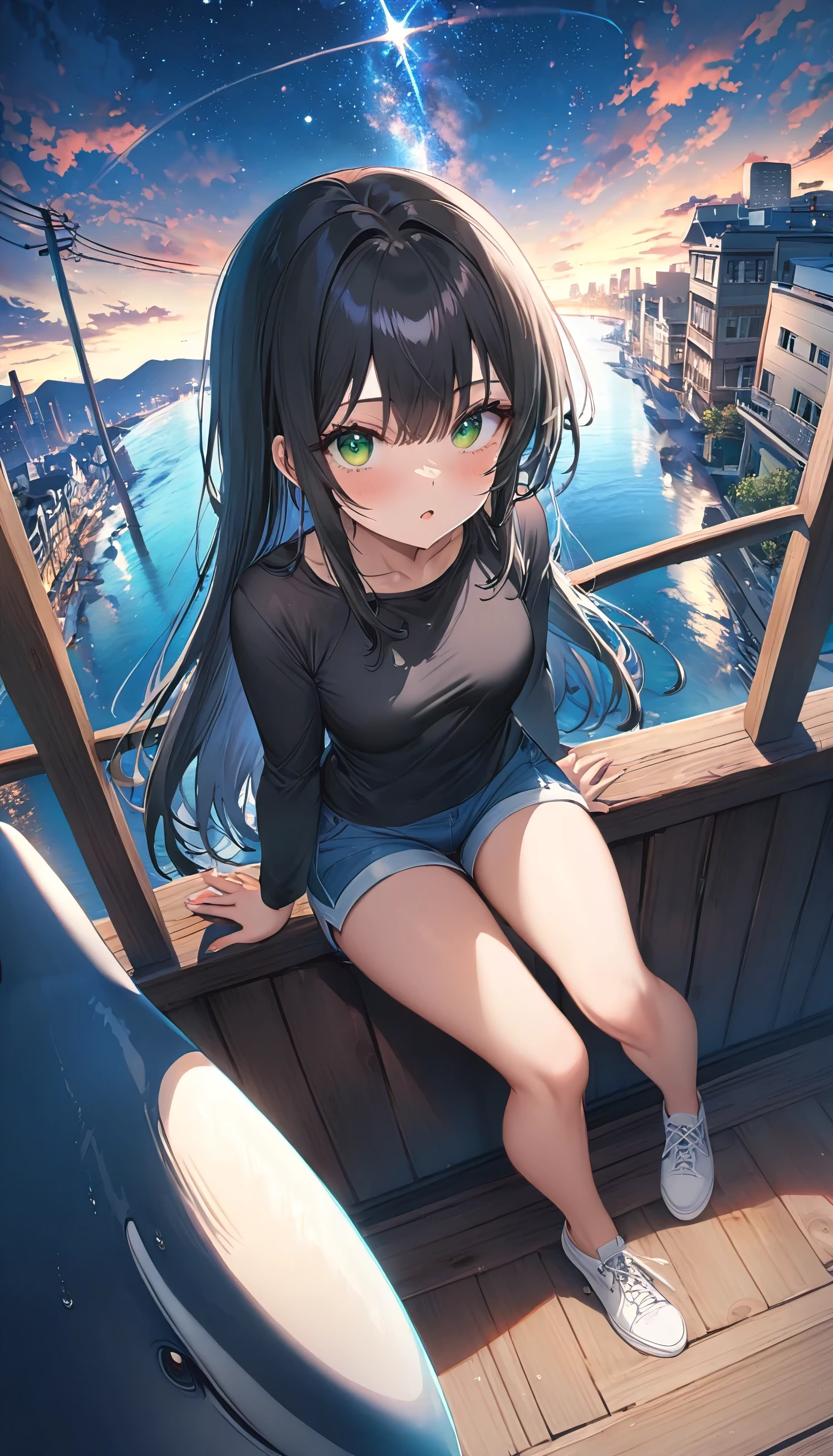 masterpiece, Exquisite detail,Highest quality, One girl, alone, handrail, cloud, Looking up at the buildings,Long Hair, zero, Long sleeve, Power lines, White footwear, Black Hair, View your viewers, Electric pole, bangs, cloudy zero, fish, bird, Green Eyes, Shorts, Day, Black Shirt, barefoot,Whale flying in the sky,Giant whale,night,Star,milky way,night,Pitch black,Buildings,Sitting, High quality anime art style，Standing painting，Splash ink background，Blue Themes,Clear Face,Distinct facial features