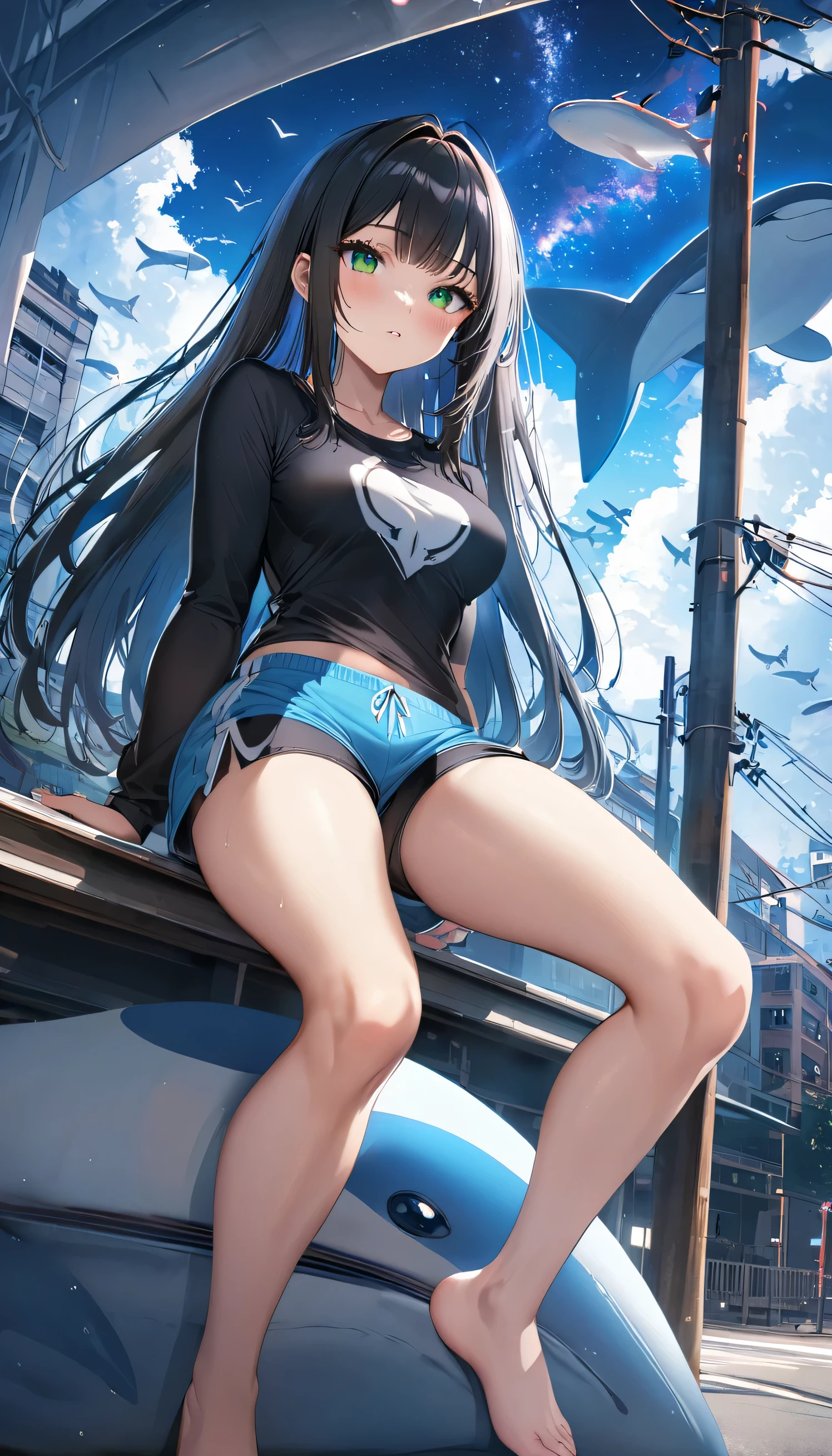 masterpiece, Exquisite detail,Highest quality, One girl, alone, handrail, cloud, Looking up at the buildings,Long Hair, zero, Long sleeve, Power lines, White footwear, Black Hair, View your viewers, Electric pole, bangs, cloudy zero, fish, bird, Green Eyes, Shorts, Day, Black Shirt, barefoot,Whale flying in the sky,Giant whale,night,Star,milky way,night,Pitch black,Buildings,Sitting, High quality anime art style，Standing painting，Splash ink background，Blue Themes,Clear Face,Distinct facial features