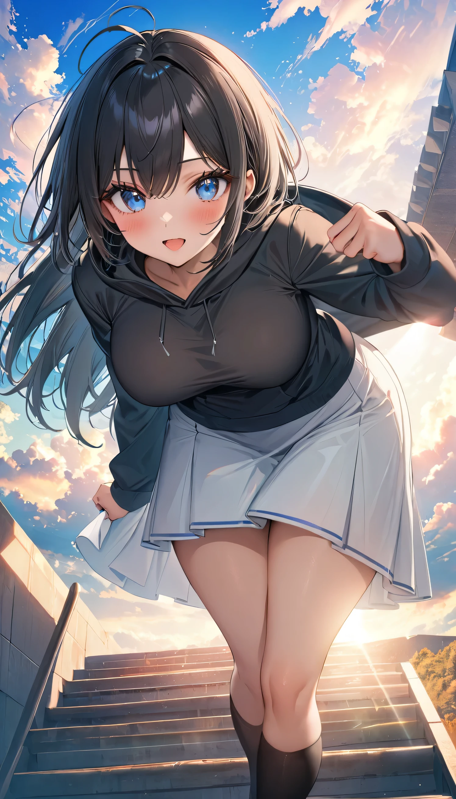 アニメ、((Amazingly absurd)),(masterpiece:1.2),超High resolution, Attention to detail, high quality, High resolution, 最high quality, 4K, 8k、Black hoodie、White Skirt、Black Hair、short hair、cute、Depicting climbing stairs、Stairs to a bright future,Dazzling background,Beautiful background、Blue sky、White cloud,close-up