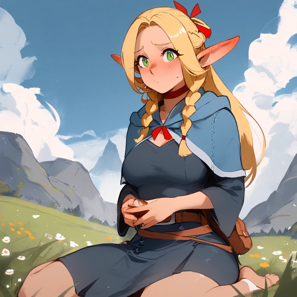 1girl,elf,blonde hair,long hair,braid,twin braids, pointy ears, green eyes, \\\\\ masterpiece, best quality, newest, ///// nyantcha, khyle, cutesexyrobutts \\\\\ highres, absurdes. , solo, shy, blush, ear blush, , straight-on, meadow, stone, green eyes, , sitting, mountains, sky, cloud, wariza,rags, skirt, robe, 
