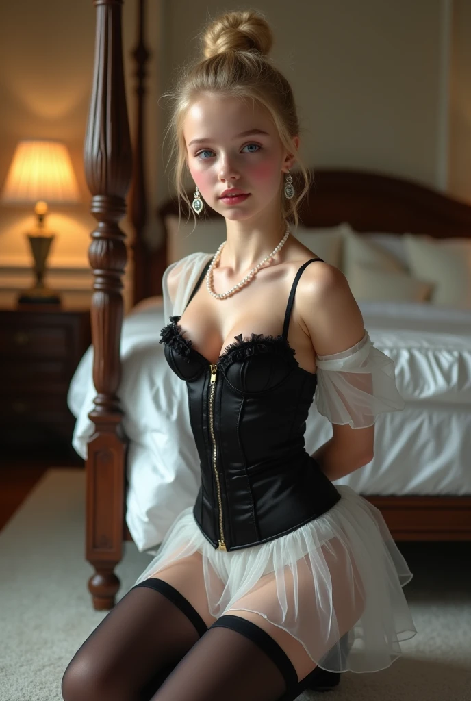 Full length portrait of a young tween girl, (large perky breasts) in a (push-up bra), provocative pose, photorealistic, very pale skin, oiled gleaming skin, blue eyes, pouting expression, blushing flushed pink cheeks, straight blonde hair in a neat bun, pearl necklace, diamond pendant ear-rings, sweet innocent face, wearing (black satin corset) over sheer white silk (lowcut blouse (off the shoulders)), short white translucent skirt in sheer silk, sheer black stockings, arms behind back, soft lighting, kneeling by a four-poster bed in a luxurious bedroom