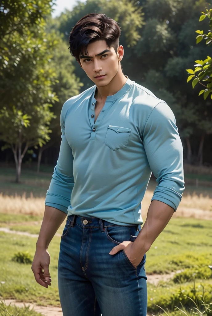 UHD, A strikingly handsome man with a lean, muscular physique stands confidently in an open, sunlit field. His perfectly sculpted chest and defined abs are partially exposed as he wears a casual, military-green jacket loosely unbuttoned, showcasing the contours of his upper body. His skin glows with a healthy tan, and his tousled, dark short hair falls effortlessly over his forehead, adding to his relaxed yet magnetic aura. He has a calm yet intense expression, with piercing eyes gazing towards viewers, reflecting a sense of sensuality and allure. The man's chiseled features are framed against the backdrop of a wide, golden rural landscape, with rolling hills and fields stretching out under the clear blue sky. The earth tones of the field, the large hay bales in the background, and the scattered trees turning color for autumn, create a warm, rustic atmosphere. He stands with one hand casually tucked into the pocket of his jeans, the fabric of which hugs his form, emphasizing his lean legs and strong stance. His body language radiates sensuality and effortless allure, blending seamlessly with the serene yet vibrant natural setting around him. The air is filled with an aura sensual allure as the scene wraps around his powerful, seductive presence. 