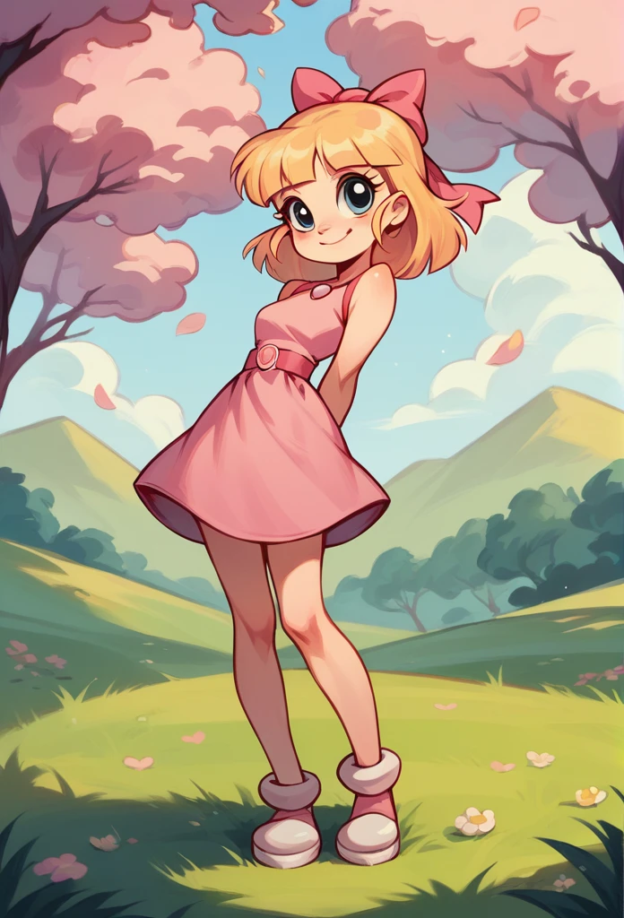 1girl, solo, Blossom, powerpuff girls, pink dress, cute smile, hands behind your back, standing on the lawn 