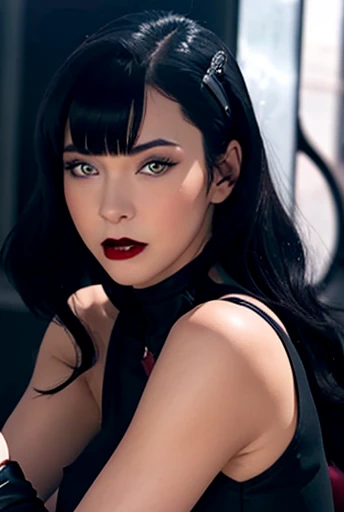 foreground, Stunning perfect detailed vampire in black bodycon dress with slim glove sleeves, huge and bursting breasts, cute face and blue eyes rosy cheeks, full red lips ,Black hair with bangs, ,posing sexy and elegant for photography in very provocative ways 