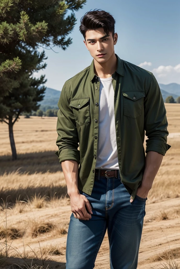 UHD, A strikingly handsome man with a lean, muscular physique stands confidently in an open, sunlit field. His perfectly sculpted chest and defined abs are partially exposed as he wears a casual, military-green jacket loosely unbuttoned, showcasing the contours of his upper body. His skin glows with a healthy tan, and his tousled, dark short hair falls effortlessly over his forehead, adding to his relaxed yet magnetic aura. He has a calm yet intense expression, with piercing eyes gazing towards viewers, reflecting a sense of sensuality and allure. The man's chiseled features are framed against the backdrop of a wide, golden rural landscape, with rolling hills and fields stretching out under the clear blue sky. The earth tones of the field, the large hay bales in the background, and the scattered trees turning color for autumn, create a warm, rustic atmosphere. He stands with one hand casually tucked into the pocket of his jeans, the fabric of which hugs his form, emphasizing his lean legs and strong stance. His body language radiates sensuality and effortless allure, blending seamlessly with the serene yet vibrant natural setting around him. The air is filled with an aura sensual allure as the scene wraps around his powerful, seductive presence. 