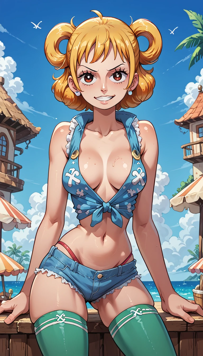 princess peach,swimsuit,bikini up,view crotch,outdoor beach,realistic details in the clothes, short yellow hair, freckles on the face and skin,tight clothing, thick pants,lying in the sand
