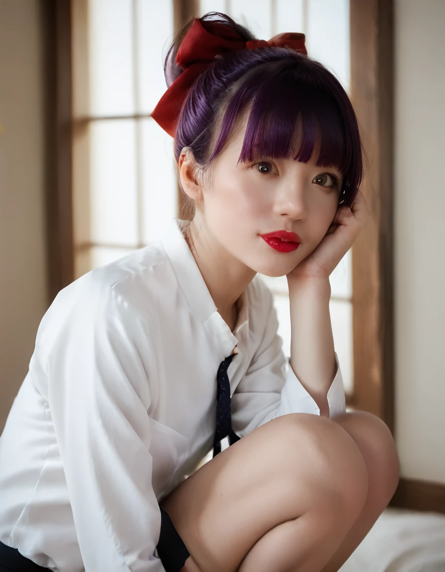 japanese beautiful woman,Ultra detailed skin,Ultra-fine,toView,dark Brown eyes,almond eyes,high detailing,(purple short-haired with bangs:1.2),ponytail, large red hair ribbon, (Photorealsitic:1.4),(Top image quality:2.0),(超A high resolution:1.0), (​masterpiece),(pureerosface:1.5),big eye,Dynamic lighting,Bright pink and sparkling lipstick,Beautiful skin that shines white,Business suits,red pumps,Squatting