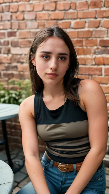 a 26 y.o female brunette with a mole on the cheek; looking to the side; wearing cargo pants and tank top, sitting at a white patio table with beer cans on it; bohemian house exterior; brick wall behind; (photorealistic:1.6), 8k, High Resolution, Anatomically Correct, Best Quality, High Details, detailed skin, realistic eyes; realistic skin; realistic hair; realistic eyebrows
