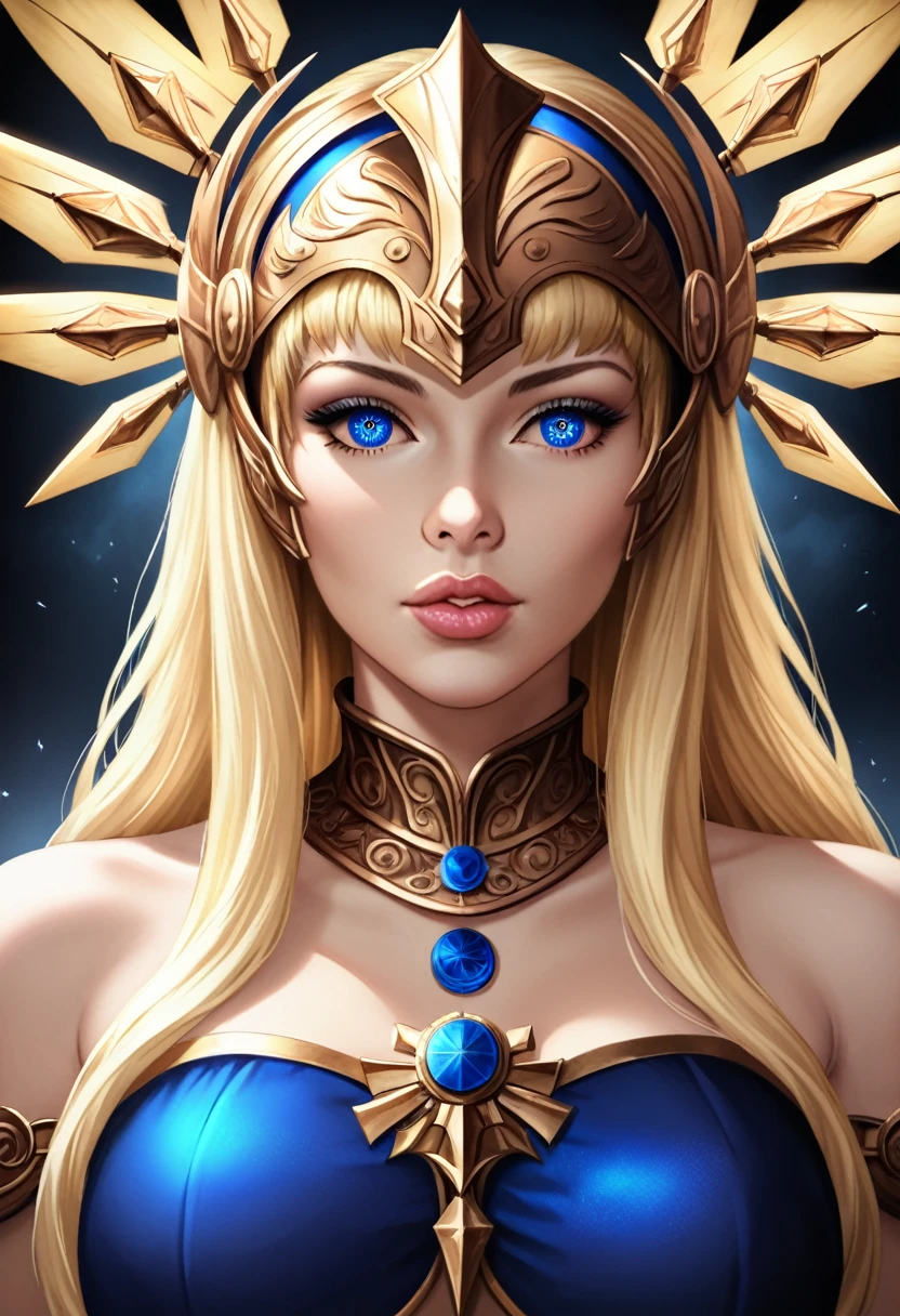 a stunning, hyper-detailed, photorealistic digital art portrait of a female fantasy knight, 1girl, detailed face, beautiful detailed eyes, beautiful detailed lips, extremely detailed eyes and face, long flowing blonde hair, bronze breastplate, greek bronze age full-face helmet, dramatic pose, intricate details, vivid surreal iridescent colors, gradient, cinematic lighting, dramatic colors, best quality, 8k, high resolution, masterpiece, concept art, dark fantasy, striking visuals, stunning visual effects