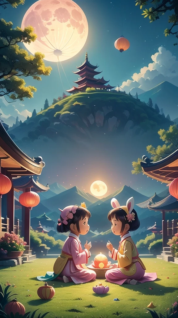 This picture shows a cute cartoon scene., colorful. There are two main characters: a girl and a boy in traditional Chinese costumes. Girl in pink dress with bunny ears on her head, The boy wore a white ao dai and a traditional hat..

Two characters sitting on a giant moon cake. Around them were little purple creatures playing musical instruments and having fun.. Behind is a large bright full moon image., symbol of Mid-Autumn Festival. Besides, There are also flying lanterns and stylized landscape details such as pagodas and mountains..

The scenery creates a warm feeling, cheerful, reminiscent of the traditional Mid-Autumn Festival atmosphere.