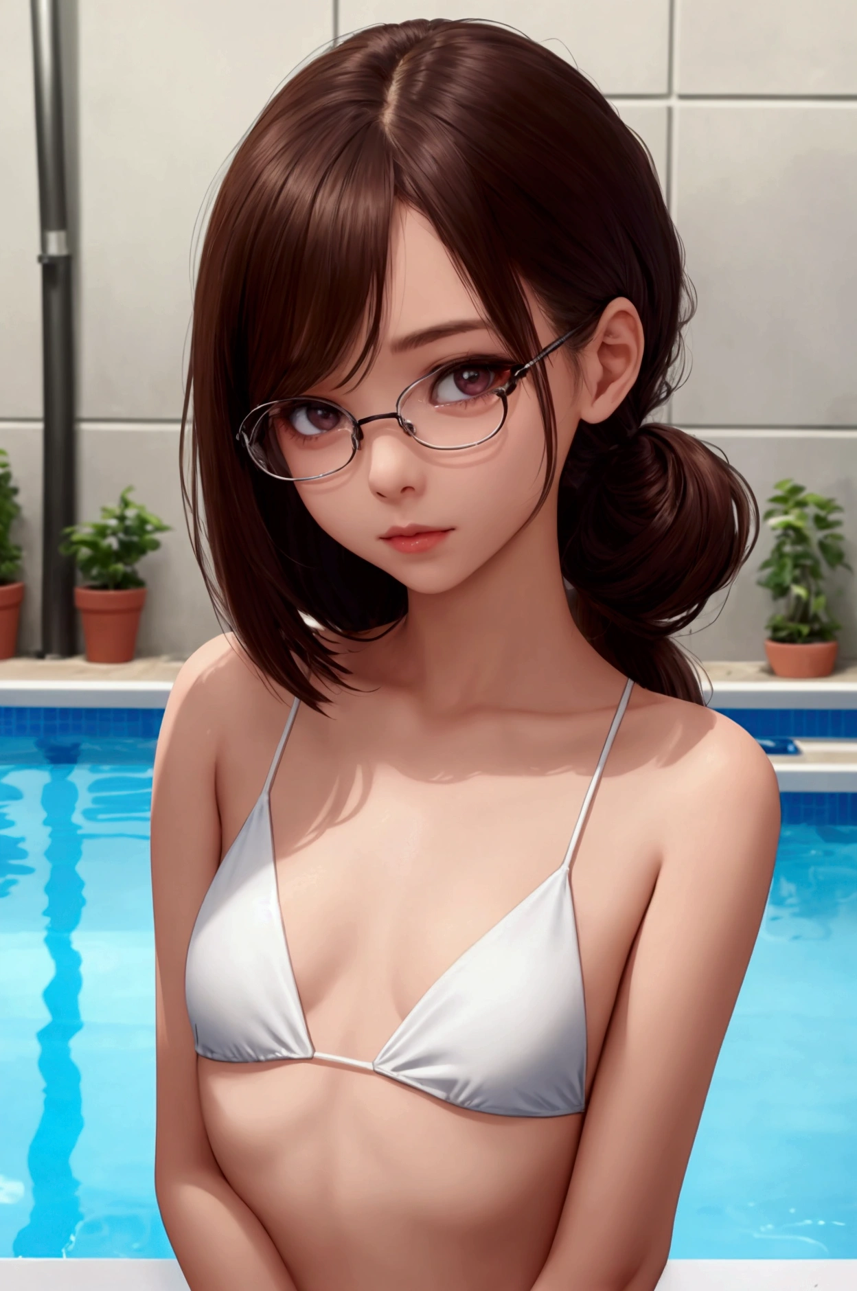 highest quality, RAW Photos, Realistic, face, Incredibly beautiful girl, cute, length Hair,ponytail，Glasses，Written boundary depth, High resolution, Super detailed, detailed, Very detaileded, extremely detaileded eye and face, Sharp pupils, Realistic students, Sharp focus, Cinema Lighting, Japanese, Short Woman,  Physical build, Short arms, length, Narrow eyes, Fleeting atmosphere, 30 years old, Brown bob hair, ((thin lips)), White top and bottom underwear, masterpiece, highest quality, Detailed skin, Detailed face, fine grain, 8k, Excellent anatomy, Upper body portrait，flat breasts, small breasts, small,( small bust: 1.2), small bust, (slim, small, flat, small), thin, Delicate and sexy collarbone, One Girl, (beautiful girl, Delicate girl:1.3), ( years old:1.3),
break, (One Piece Swimwear, Swimwear:1.2),
break, (Pool:1.3),
break, Very beautiful eyes, (Symmetrical eyes:1.3),
break, , Brown eyes, Parted bangs, Brown Hair, (Upper teeth, The best smile:0.2),
break, (Eyes and face detail:1.0),
break, (masterpiece, highest quality, Super detailed, Detailed face, 8k)