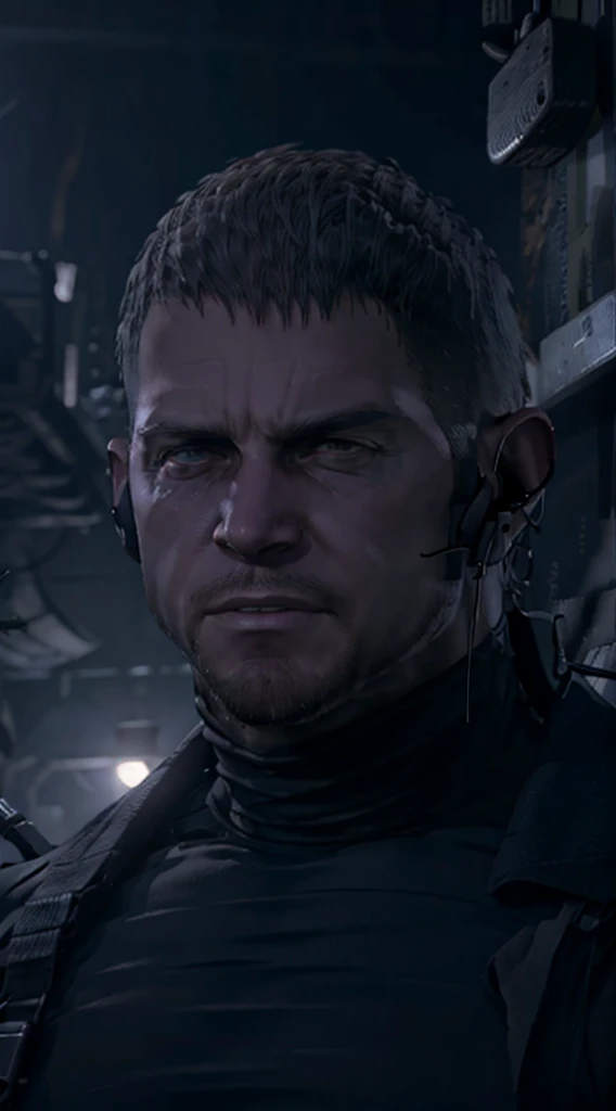 Dark gothic village in the background, old Chris Redfield from Resident Evil 8, 4, muscular male, tall and hunk, black cold turtleneck, straps, earpiece, beard, handsome face, deadpan, video games style, high resolution:1.2, best quality, masterpiece, dark nightime, dark atmosphere, volumetric lighting, shadow, portrait, face close up, looking at viewer