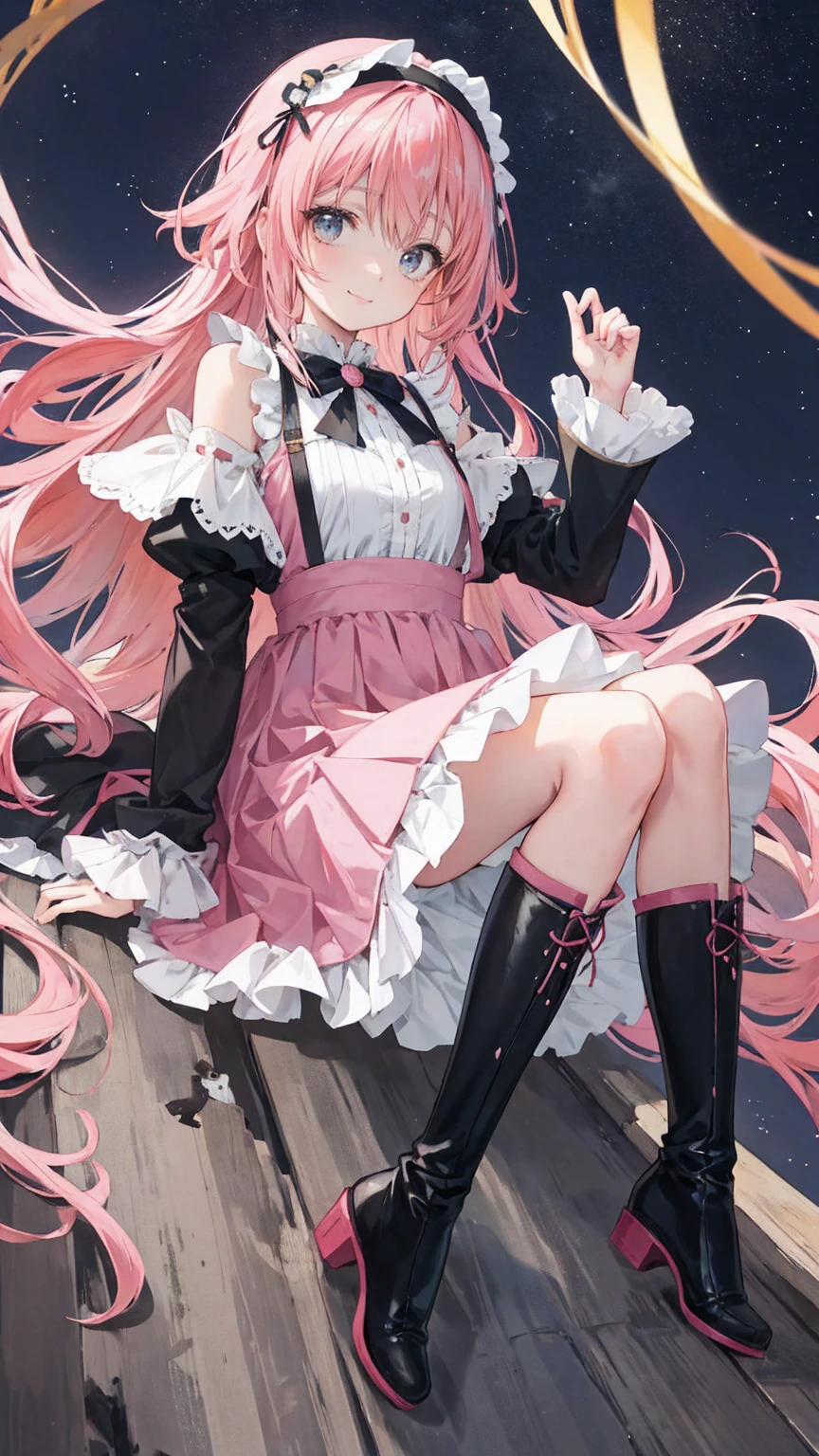 Anime Style、Storytelling、、beautiful girl、とてもcute天使、Pink Gothic Dress、cute、baby face、smile、Long skirt、Black boots、Very cute headband
