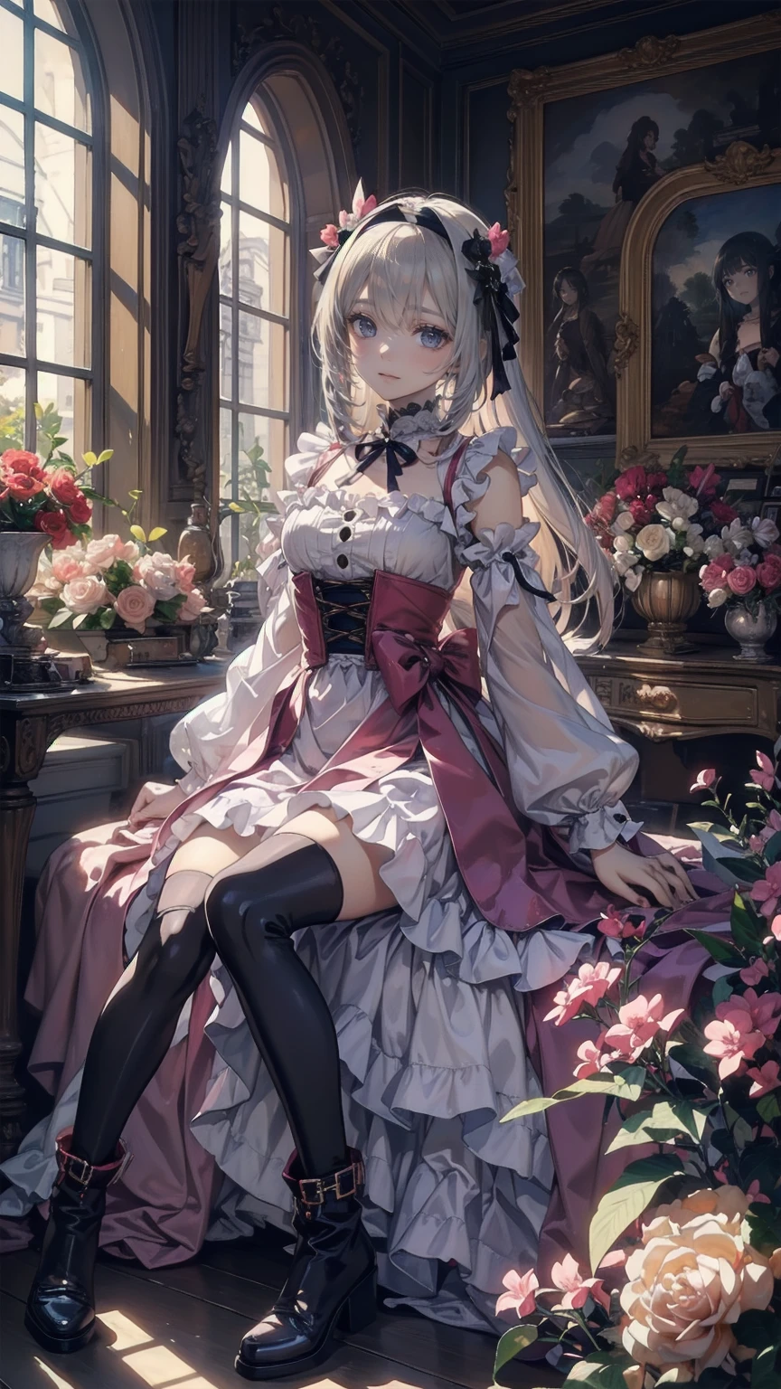 Anime Style、Storytelling、、beautiful girl、とてもcute天使、Pink Gothic Dress、cute、、smile、Long skirt、Black boots、Very cute headband
