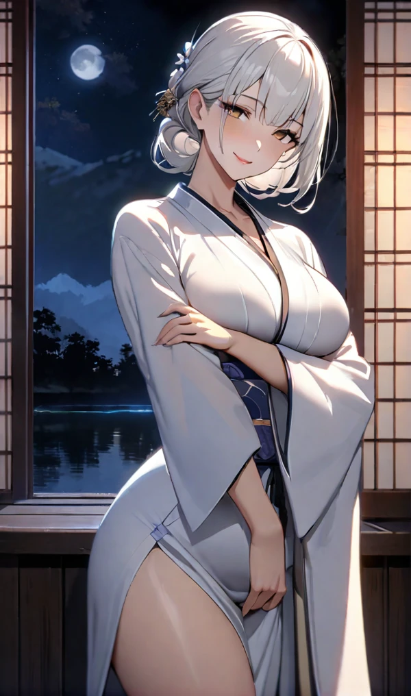 (1 girl, slim body, pubic hair, nude natural tits), (best quality, high-res, ultra-detailed, anime style), ((pale blonde hair, pale gray eyes, looking at viewer, smug eyes, slightly smiling)), (Japanese temple interior, foggy dark forest, black kimono dress), dusk, god rays, ((nsfw)), dark anime forest, (retro anime art)