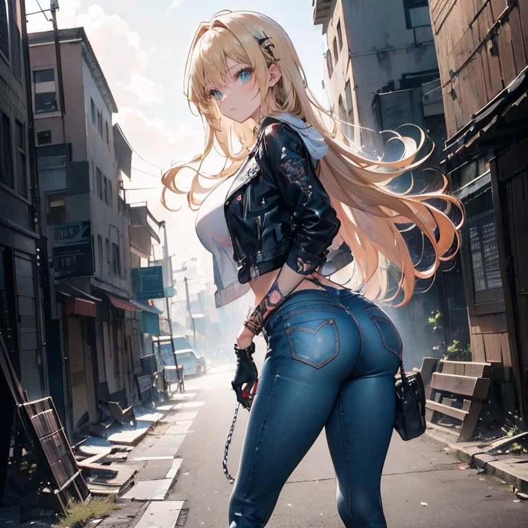 痩せ型でSmall breastsの裸の美少女,Long blonde hair,Completely naked,Small breasts,Leather boots,gun,A whole sheet of rubble