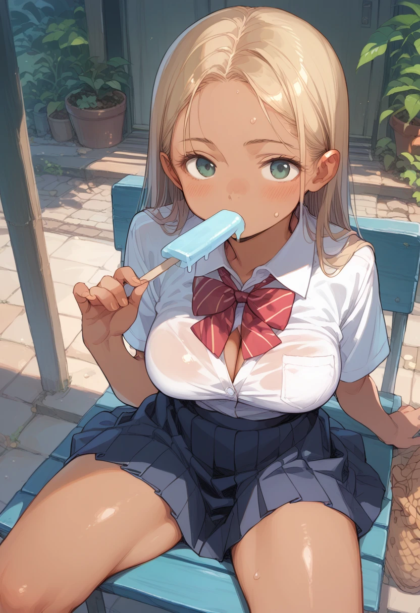 JK Gal、Brown Skin、Blonde、Big Breasts、School Uniform、Sit with legs wide apart、Hold a popsicle