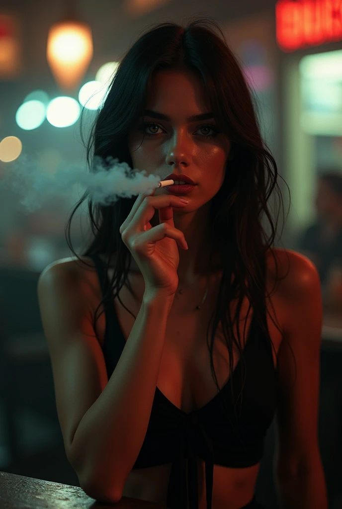 A girl in her 20s looks very sexy wearing a loose bra and is wearing a Fitbit game while standing and smoking a cigarette.