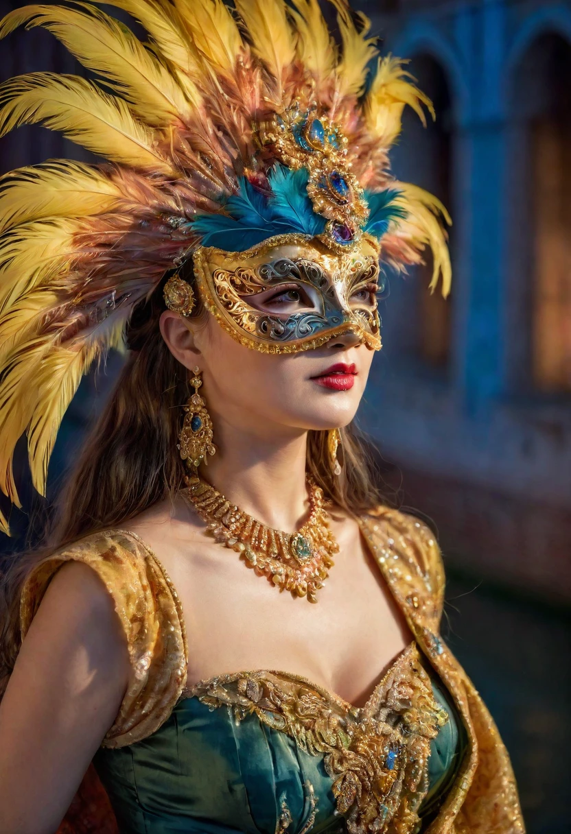 (Beautiful mature woman wearing traditional Venetian mask),(Best Quality,High resolution),Detailed face,Beautifully decorated mask,Colorful feathers,Superior Craftsmanship,Gorgeous patterns,Shining Jewels,Mysterious atmosphere,Artistic depiction,Soft lighting,Vibrant colors,Venice Carnival,Classic beauty,Traditional attire,Luxury Fabric,Elaborate headdress,Masquerade,Vibrant atmosphere,Graceful posture,Lots of movement,Celebration and excitement,Historical background,Romantic canal,Reflection on the surface of the water,Gondolas passing by,Elegant architecture,Moonlit Night,fascinating feeling,Masks worn by nobles,Whispered Secrets,Mysterious charm,Unique and captivating visuals.(full body:1.5)