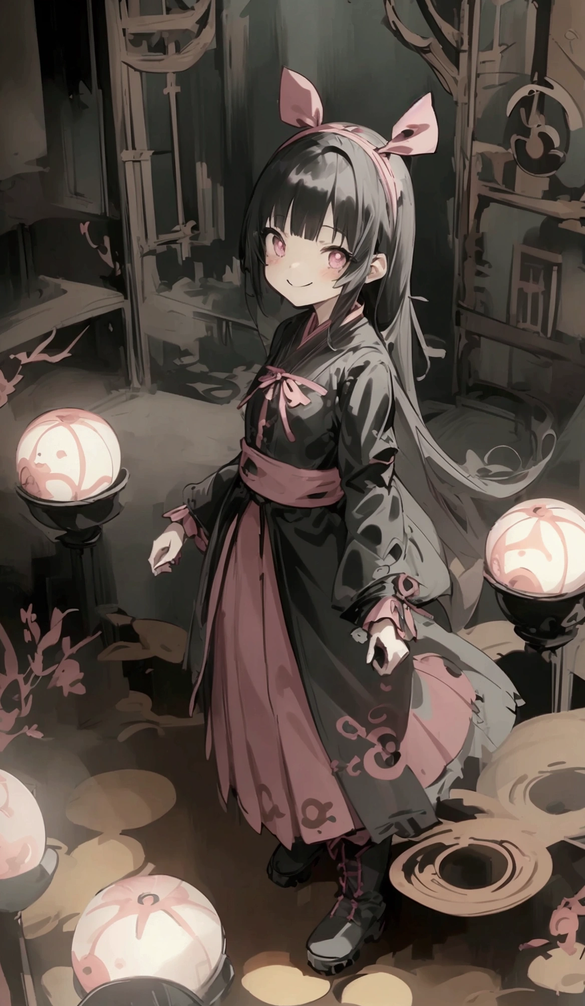 Anime Style、Storytelling、、beautiful girl、とてもcute天使、Pink Gothic Dress、cute、、smile、Long skirt、Black boots、Very cute headband
