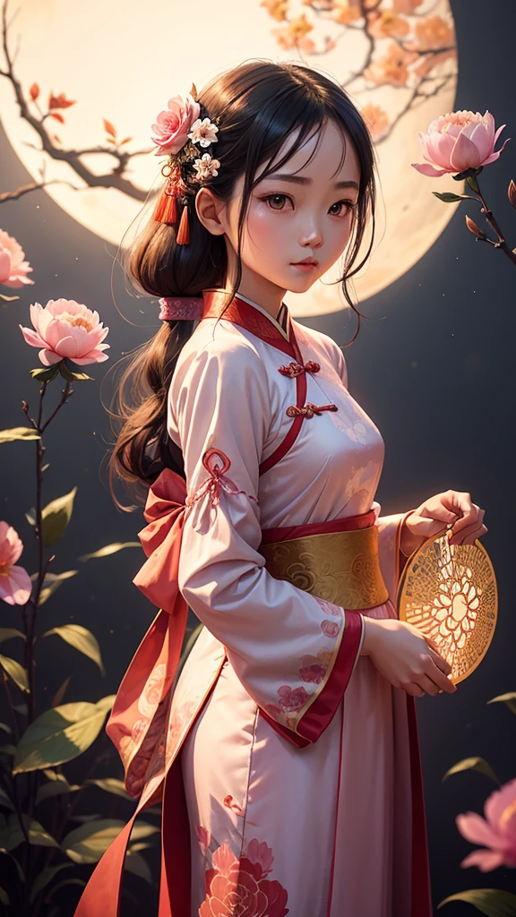 This photo is an illustration in traditional art style.. The main character is a girl dressed in classical Chinese clothing., Red Ao Dai with delicate patterns, decorated with large pink flowers on top. Girl standing in gentle pose, holding a round fan with peony flower shape. Next to her is a small white rabbit., a familiar symbol in the Mid-Autumn Festival.

Behind her was a large full moon., shining against the blue sky, further highlight the image of the girl. The purple silk ribbon winds around her, create a light and airy feeling. This image may remind of Chang&#39;e., famous mythological figure in Chinese culture associated with the Mid-Autumn Festival.