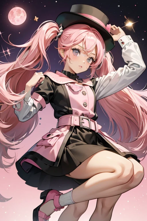 Adorbs has black eyes, tan skin, pink cheeks, and pink hair in pigtails. She is wearing a black and pink dress with a white belt. She has a pink, black, and white elf hat. Her shoes are mismatched. SPARKLE; GLITTER