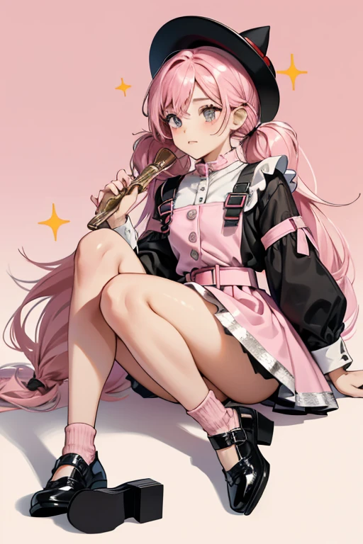 Adorbs has black eyes, tan skin, pink cheeks, and pink hair in pigtails. She is wearing a black and pink dress with a white belt. She has a pink, black, and white elf hat. Her shoes are mismatched. SPARKLE; GLITTER