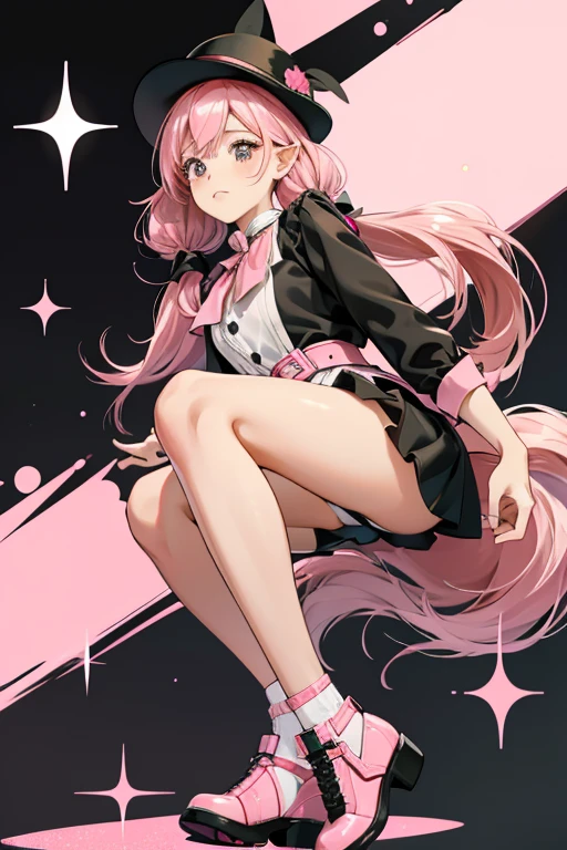 Adorbs has black eyes, tan skin, pink cheeks, and pink hair in pigtails. She is wearing a black and pink dress with a white belt. She has a pink, black, and white elf hat. Her shoes are mismatched. SPARKLE; GLITTER